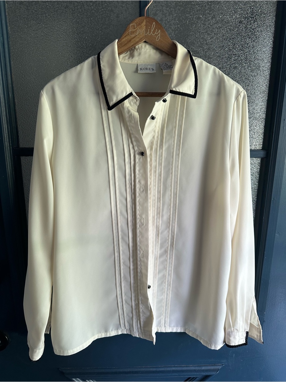 Vintage Button-Up Bliuse with Black Velvet Trim